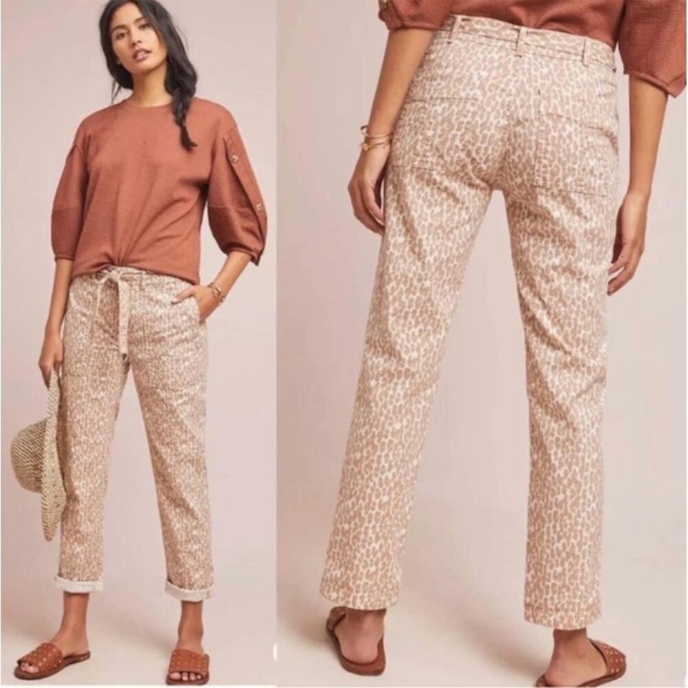Anthropologie The Wanderer Utility Pant in Brown Tan Leopard Sz 29 Linen Blend